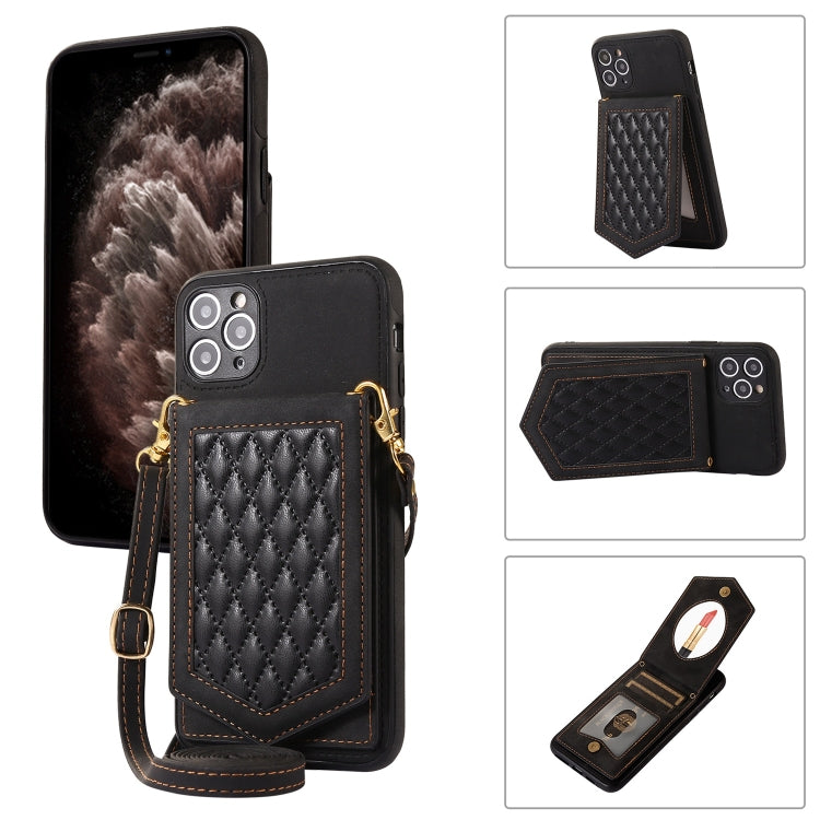 For iPhone 11 Pro Rhombic Texture RFID Phone Case with Lanyard & Mirror