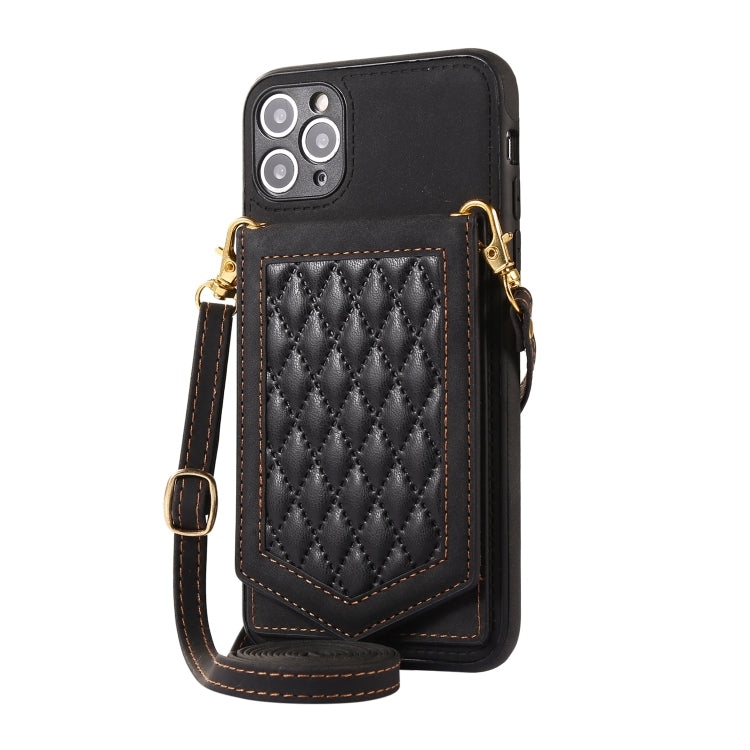 For iPhone 11 Pro Rhombic Texture RFID Phone Case with Lanyard & Mirror