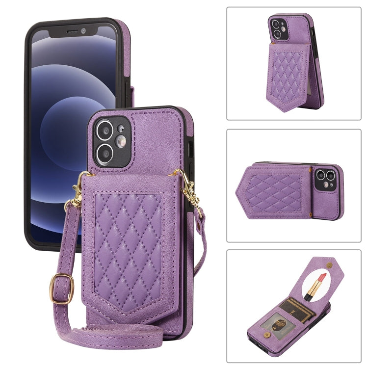 For iPhone 11 Rhombic Texture RFID Phone Case with Lanyard & Mirror