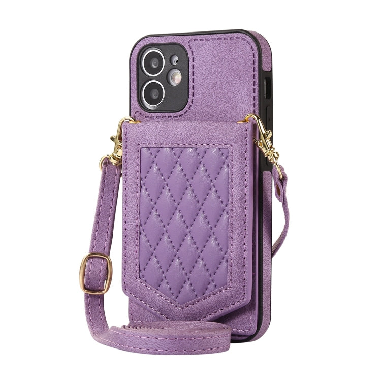 For iPhone 11 Rhombic Texture RFID Phone Case with Lanyard & Mirror