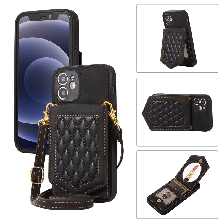 For iPhone 11 Rhombic Texture RFID Phone Case with Lanyard & Mirror