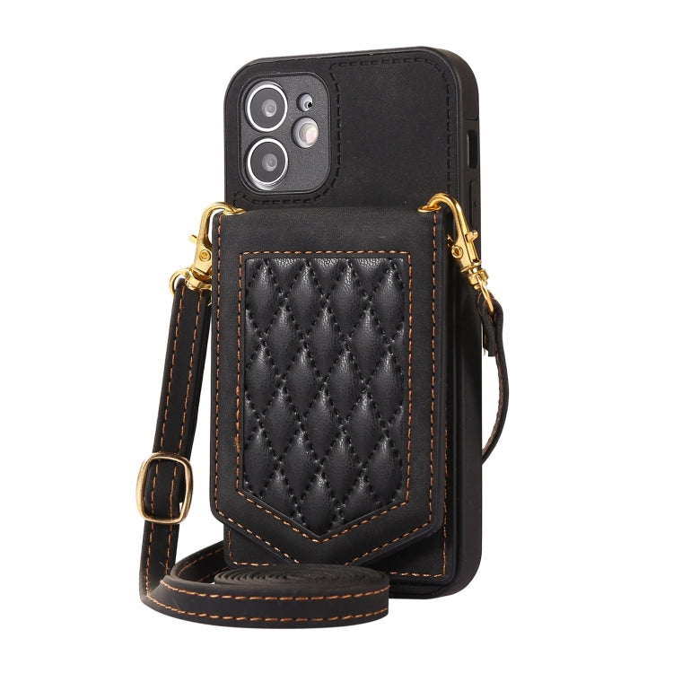For iPhone 11 Rhombic Texture RFID Phone Case with Lanyard & Mirror