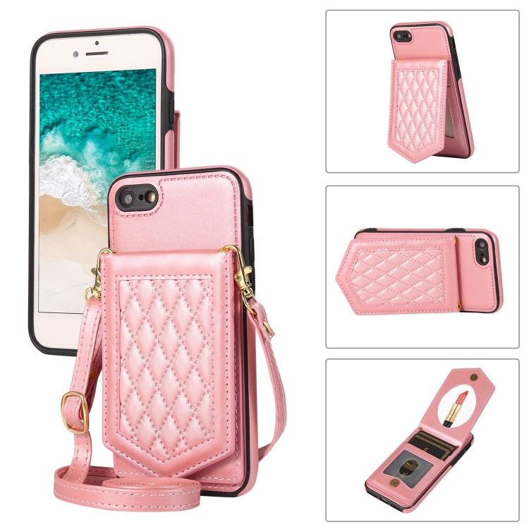 For iPhone SE 2022 / SE 2020 / 8 / 7 Rhombic Texture RFID Phone Case with Lanyard & Mirror