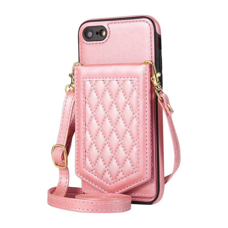 For iPhone SE 2022 / SE 2020 / 8 / 7 Rhombic Texture RFID Phone Case with Lanyard & Mirror
