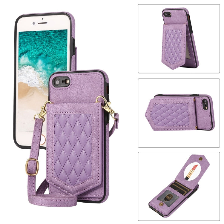 For iPhone SE 2022 / SE 2020 / 8 / 7 Rhombic Texture RFID Phone Case with Lanyard & Mirror