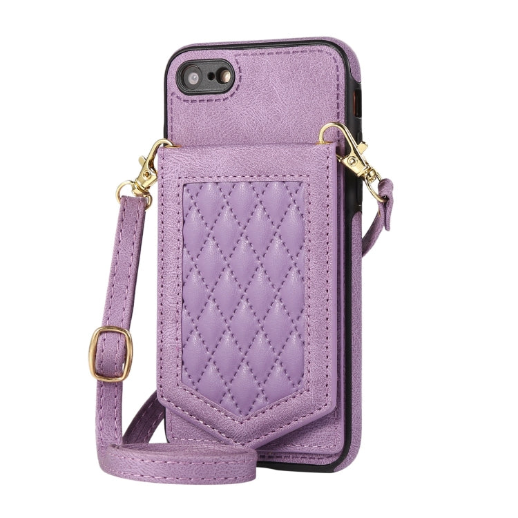 For iPhone SE 2022 / SE 2020 / 8 / 7 Rhombic Texture RFID Phone Case with Lanyard & Mirror