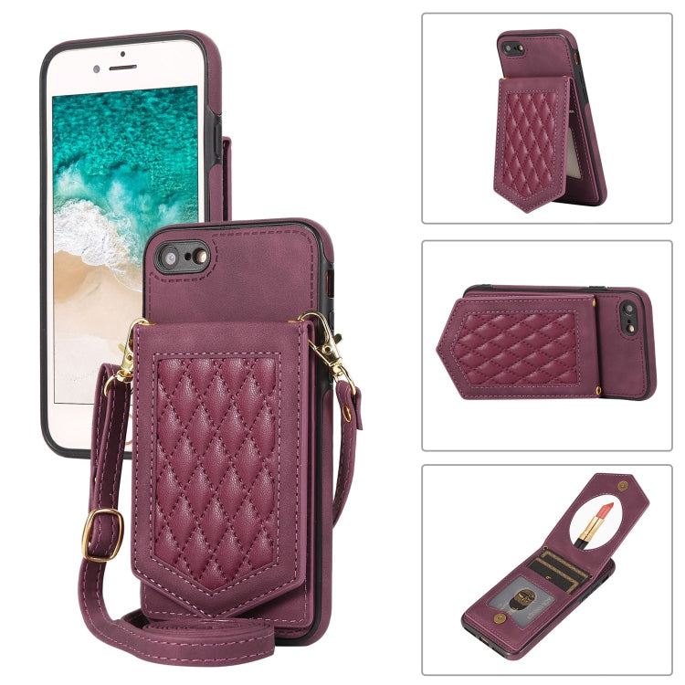 For iPhone SE 2022 / SE 2020 / 8 / 7 Rhombic Texture RFID Phone Case with Lanyard & Mirror