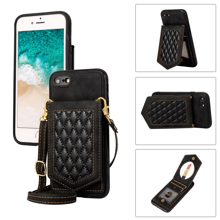 For iPhone SE 2022 / SE 2020 / 8 / 7 Rhombic Texture RFID Phone Case with Lanyard & Mirror