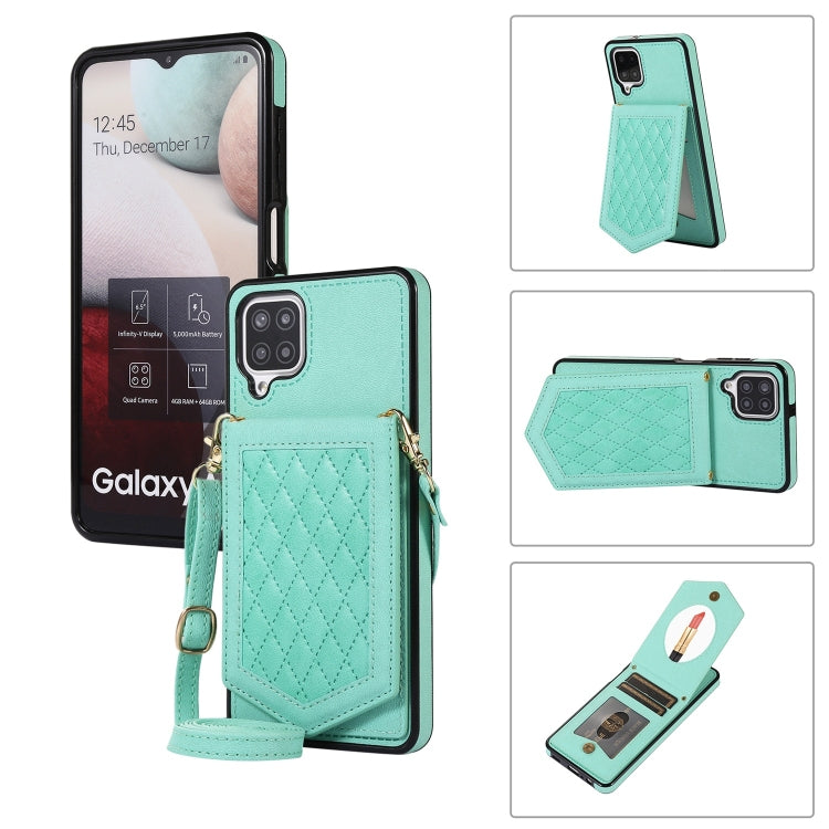 For Samsung Galaxy A12 5G Rhombic Texture RFID Phone Case with Lanyard & Mirror