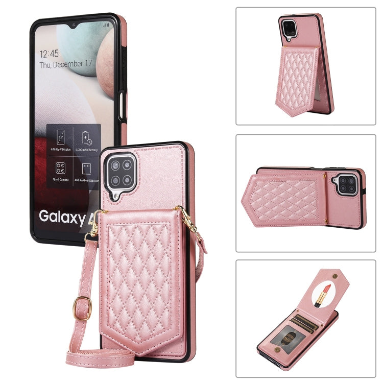 For Samsung Galaxy A12 5G Rhombic Texture RFID Phone Case with Lanyard & Mirror