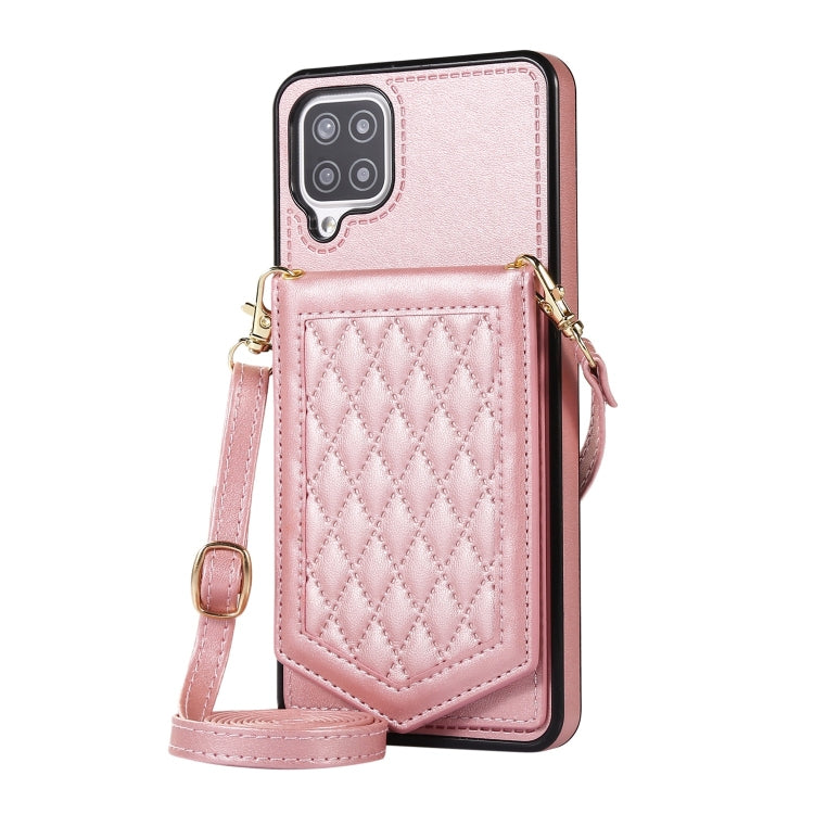 For Samsung Galaxy A12 5G Rhombic Texture RFID Phone Case with Lanyard & Mirror