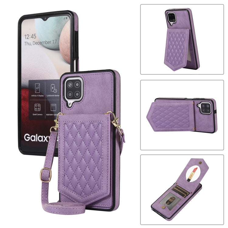 For Samsung Galaxy A12 5G Rhombic Texture RFID Phone Case with Lanyard & Mirror