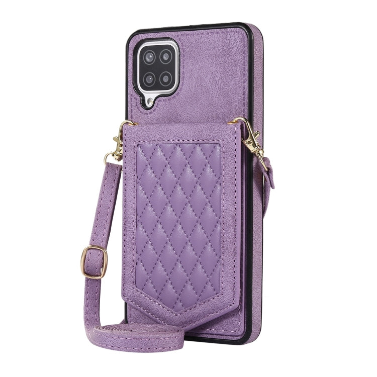 For Samsung Galaxy A12 5G Rhombic Texture RFID Phone Case with Lanyard & Mirror
