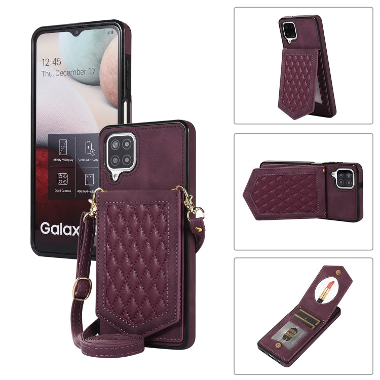For Samsung Galaxy A12 5G Rhombic Texture RFID Phone Case with Lanyard & Mirror