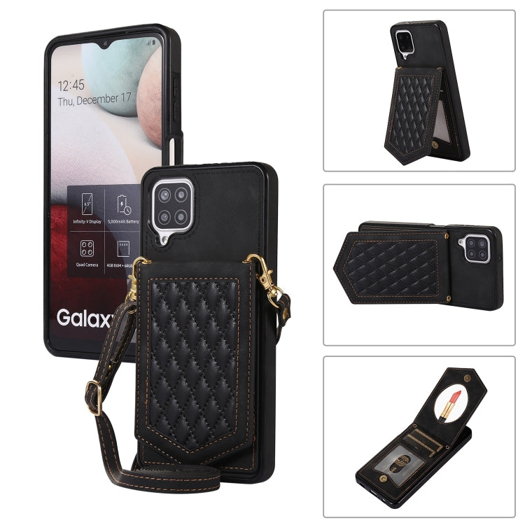 For Samsung Galaxy A12 5G Rhombic Texture RFID Phone Case with Lanyard & Mirror