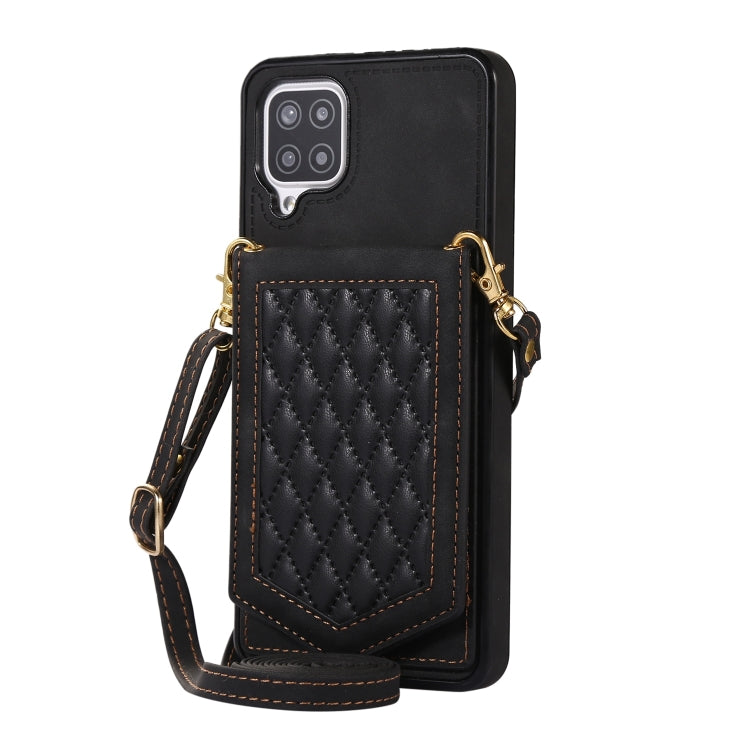 For Samsung Galaxy A12 5G Rhombic Texture RFID Phone Case with Lanyard & Mirror