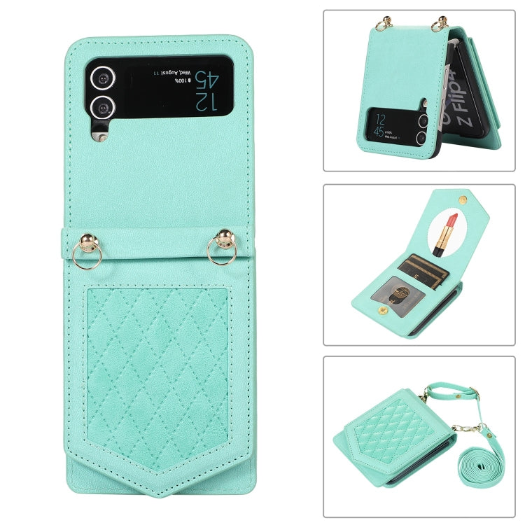 For Samsung Galaxy Z Flip3 5G Rhombic Texture RFID Phone Case with Lanyard & Mirror