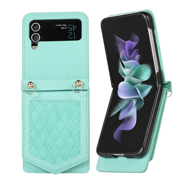 For Samsung Galaxy Z Flip3 5G Rhombic Texture RFID Phone Case with Lanyard & Mirror