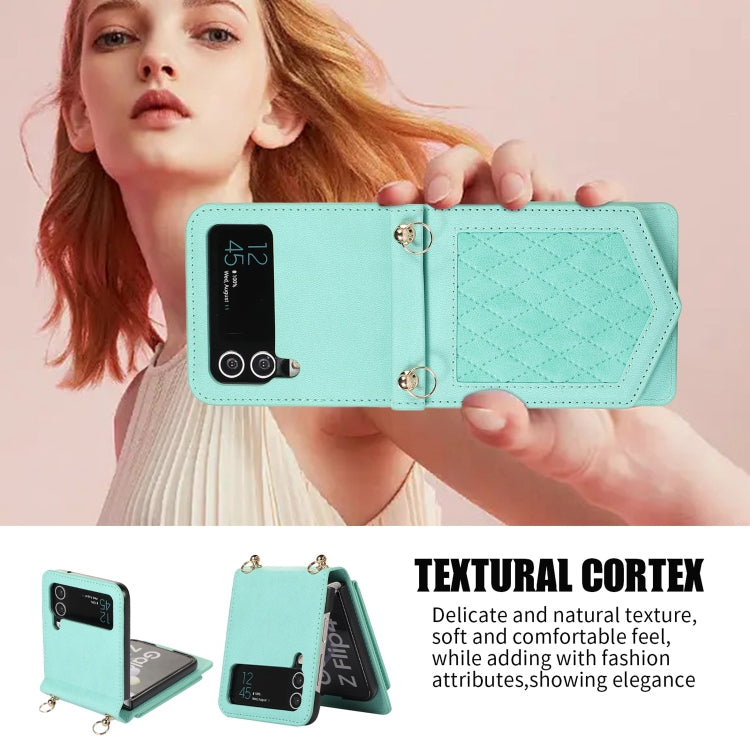 For Samsung Galaxy Z Flip3 5G Rhombic Texture RFID Phone Case with Lanyard & Mirror