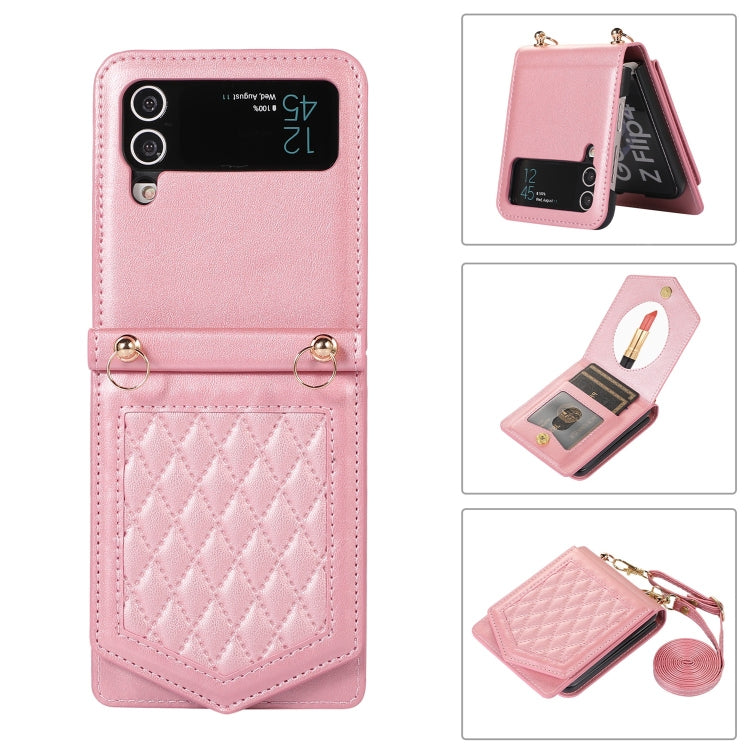 For Samsung Galaxy Z Flip3 5G Rhombic Texture RFID Phone Case with Lanyard & Mirror