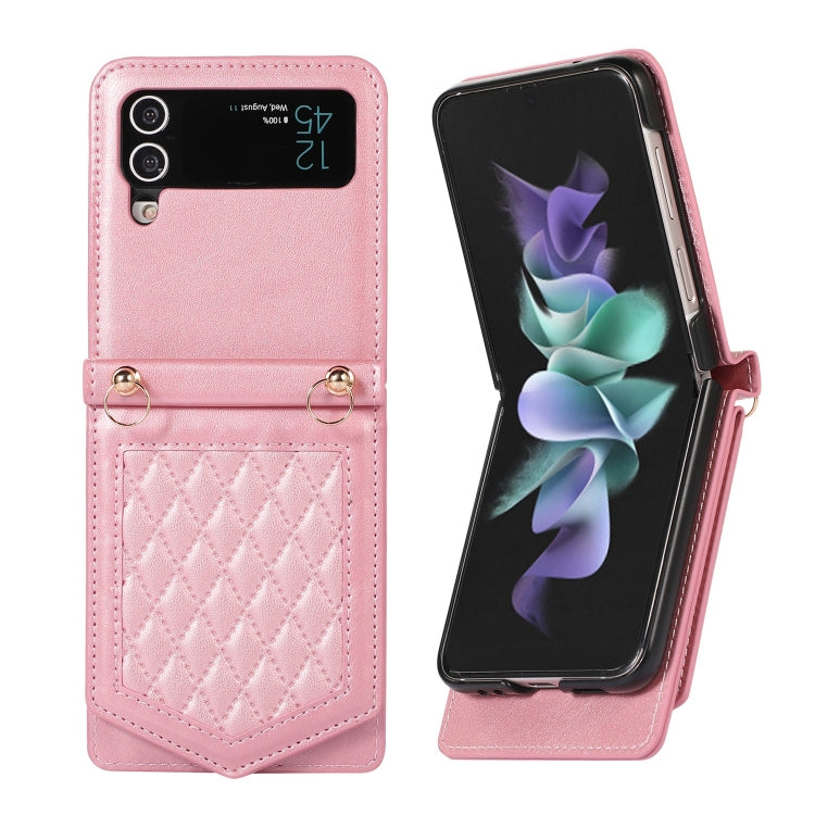 For Samsung Galaxy Z Flip3 5G Rhombic Texture RFID Phone Case with Lanyard & Mirror