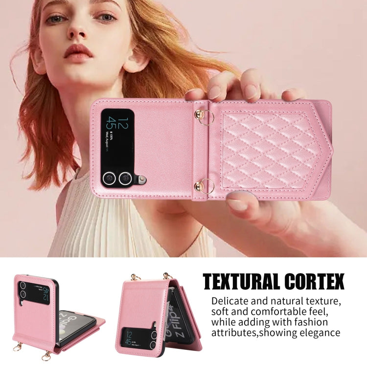 For Samsung Galaxy Z Flip3 5G Rhombic Texture RFID Phone Case with Lanyard & Mirror