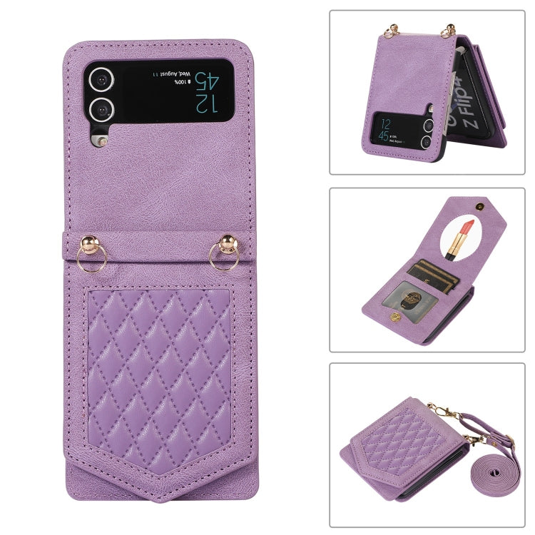 For Samsung Galaxy Z Flip3 5G Rhombic Texture RFID Phone Case with Lanyard & Mirror