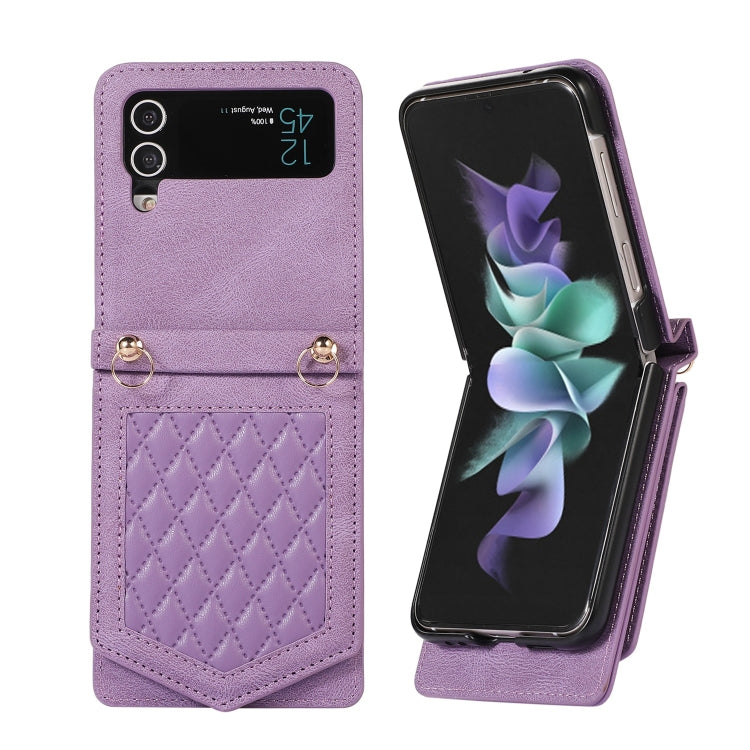 For Samsung Galaxy Z Flip3 5G Rhombic Texture RFID Phone Case with Lanyard & Mirror