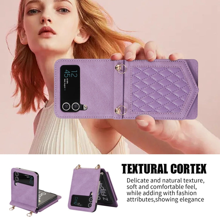 For Samsung Galaxy Z Flip3 5G Rhombic Texture RFID Phone Case with Lanyard & Mirror