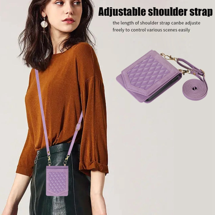 For Samsung Galaxy Z Flip3 5G Rhombic Texture RFID Phone Case with Lanyard & Mirror