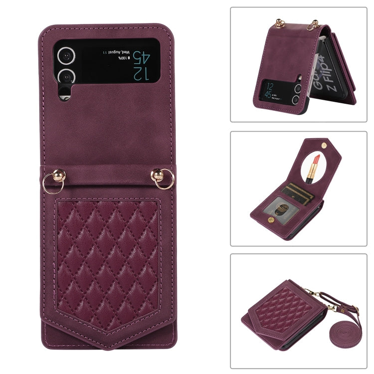 For Samsung Galaxy Z Flip3 5G Rhombic Texture RFID Phone Case with Lanyard & Mirror
