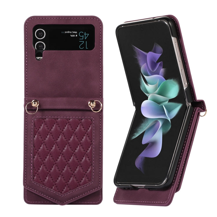 For Samsung Galaxy Z Flip3 5G Rhombic Texture RFID Phone Case with Lanyard & Mirror