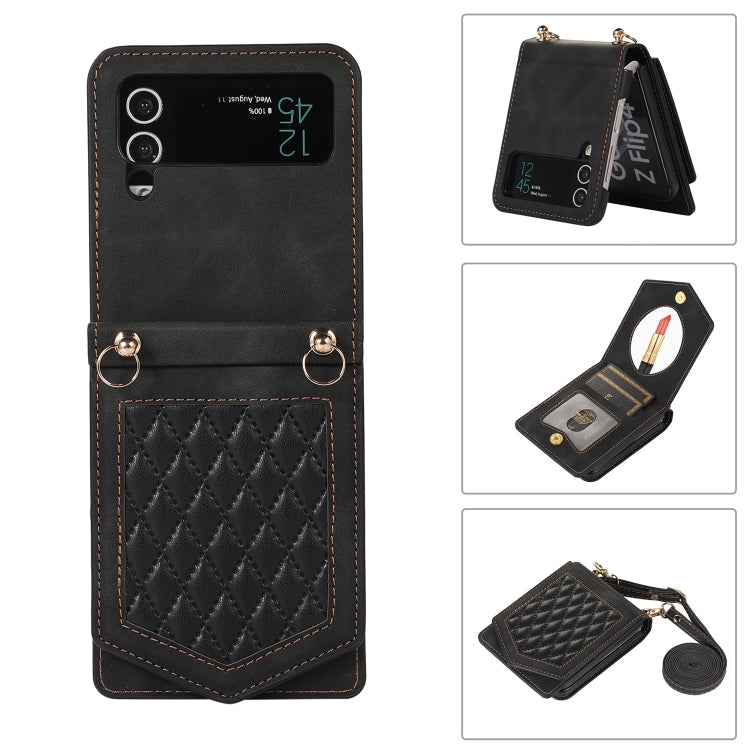 For Samsung Galaxy Z Flip3 5G Rhombic Texture RFID Phone Case with Lanyard & Mirror
