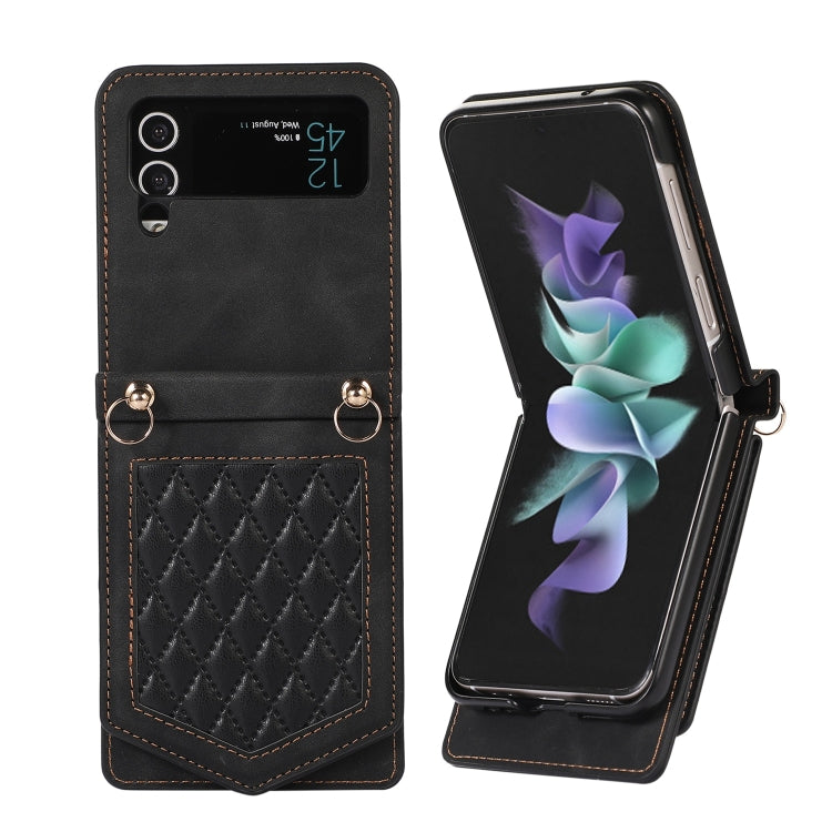 For Samsung Galaxy Z Flip3 5G Rhombic Texture RFID Phone Case with Lanyard & Mirror
