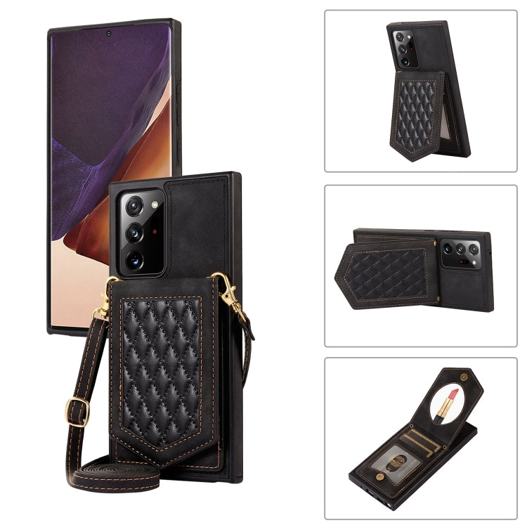 For Samsung Galaxy Note20 Ultra Rhombic Texture RFID Phone Case with Lanyard & Mirror