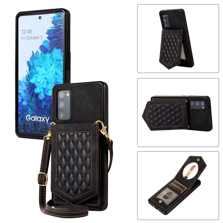 For Samsung Galaxy S20 FE Rhombic Texture RFID Phone Case with Lanyard & Mirror