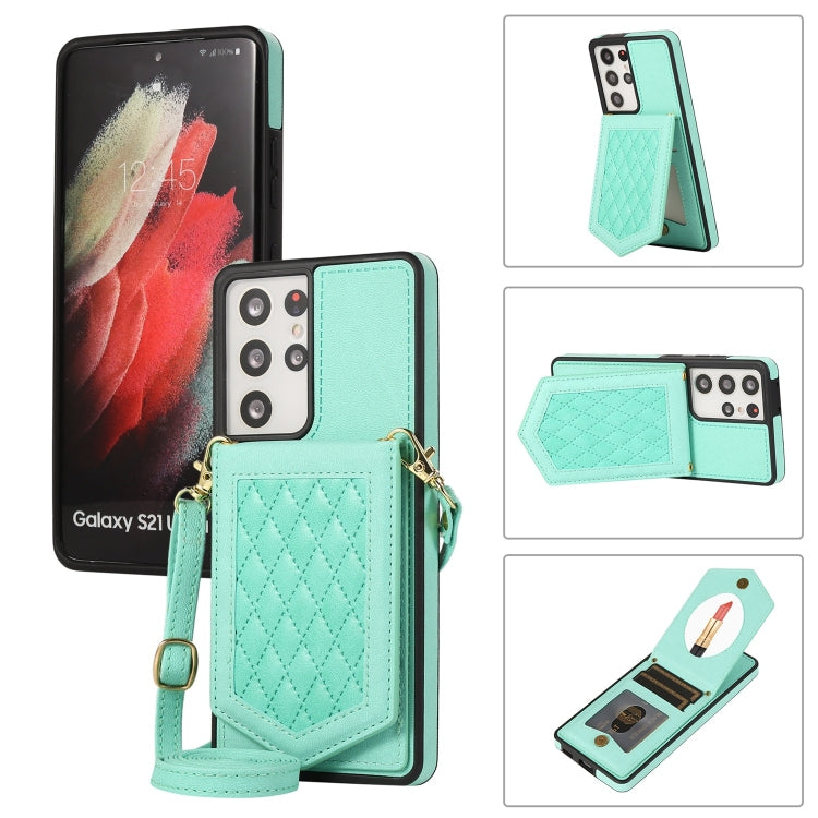 For Samsung Galaxy S21 Ultra 5G Rhombic Texture RFID Phone Case with Lanyard & Mirror