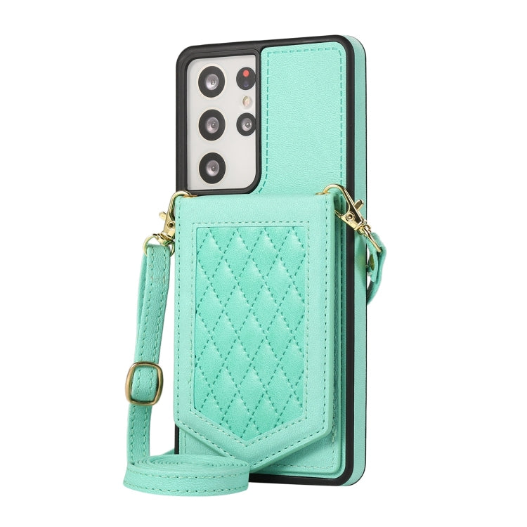 For Samsung Galaxy S21 Ultra 5G Rhombic Texture RFID Phone Case with Lanyard & Mirror