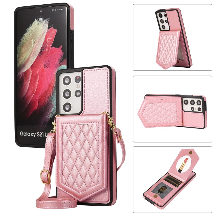 For Samsung Galaxy S21 Ultra 5G Rhombic Texture RFID Phone Case with Lanyard & Mirror