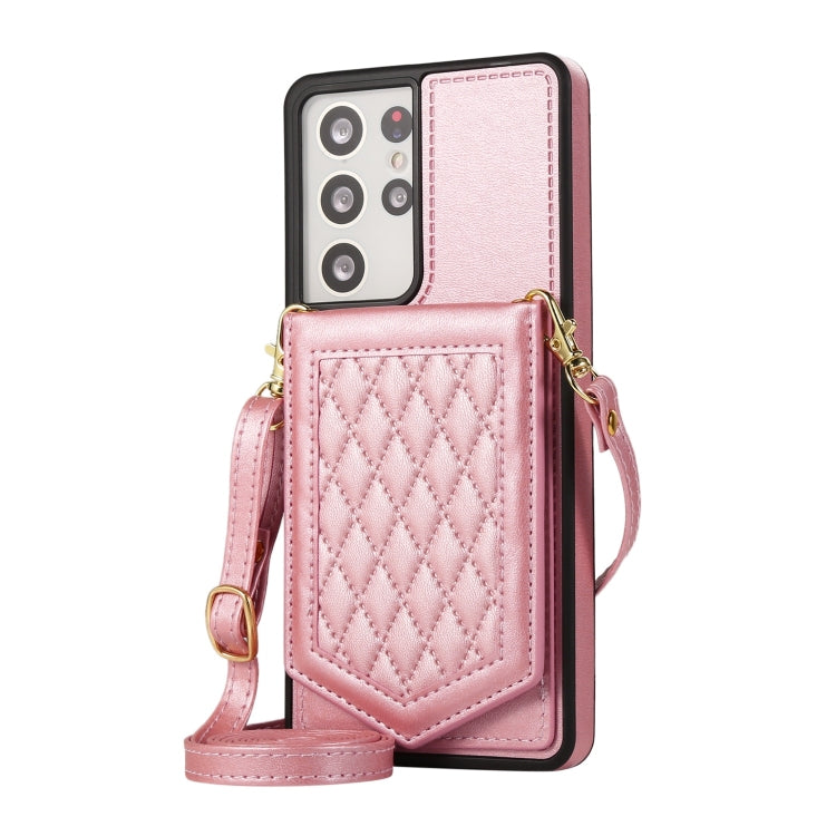 For Samsung Galaxy S21 Ultra 5G Rhombic Texture RFID Phone Case with Lanyard & Mirror
