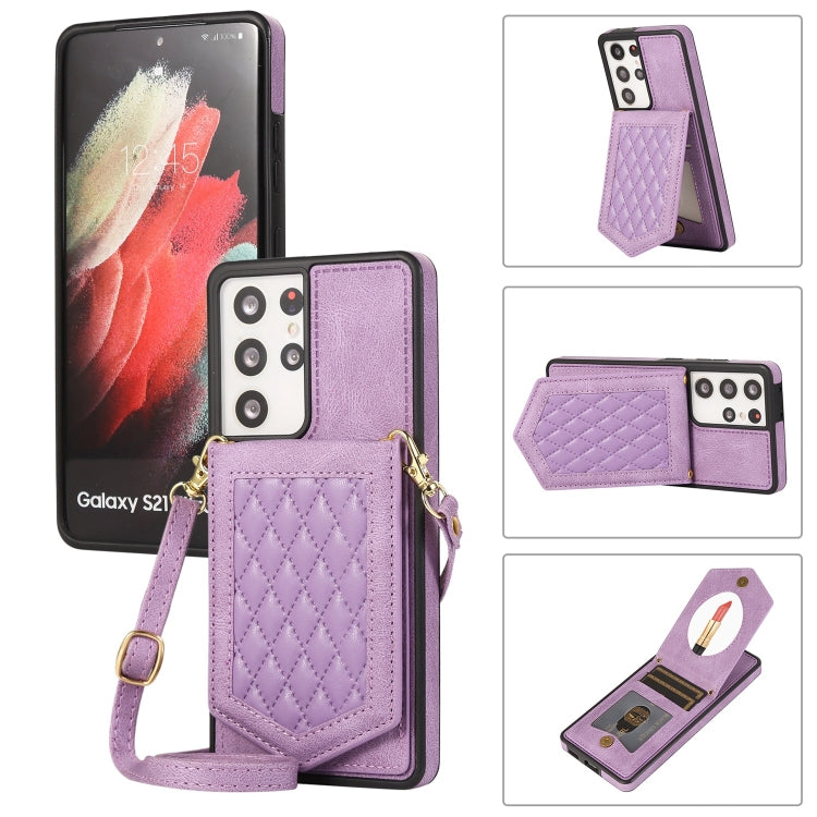 For Samsung Galaxy S21 Ultra 5G Rhombic Texture RFID Phone Case with Lanyard & Mirror