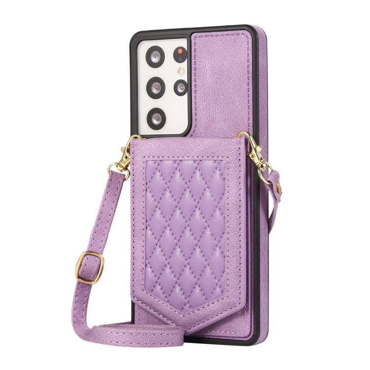 For Samsung Galaxy S21 Ultra 5G Rhombic Texture RFID Phone Case with Lanyard & Mirror