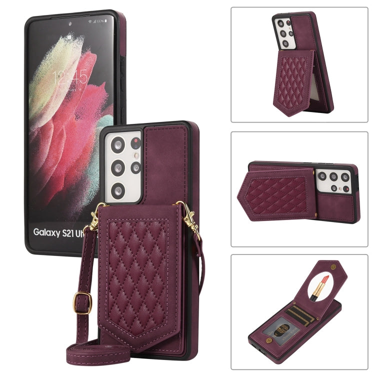 For Samsung Galaxy S21 Ultra 5G Rhombic Texture RFID Phone Case with Lanyard & Mirror