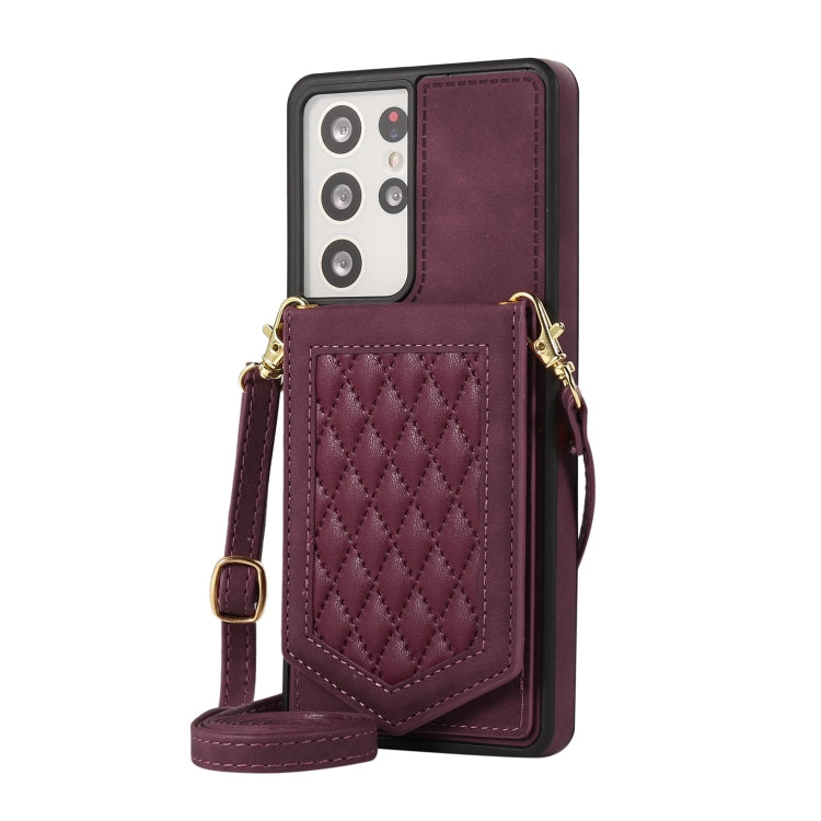 For Samsung Galaxy S21 Ultra 5G Rhombic Texture RFID Phone Case with Lanyard & Mirror