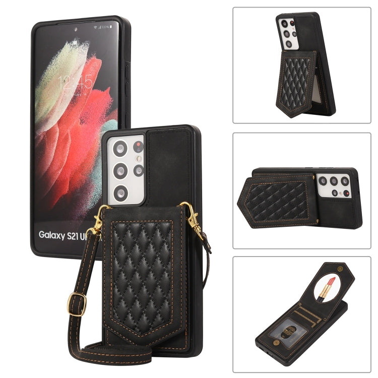 For Samsung Galaxy S21 Ultra 5G Rhombic Texture RFID Phone Case with Lanyard & Mirror