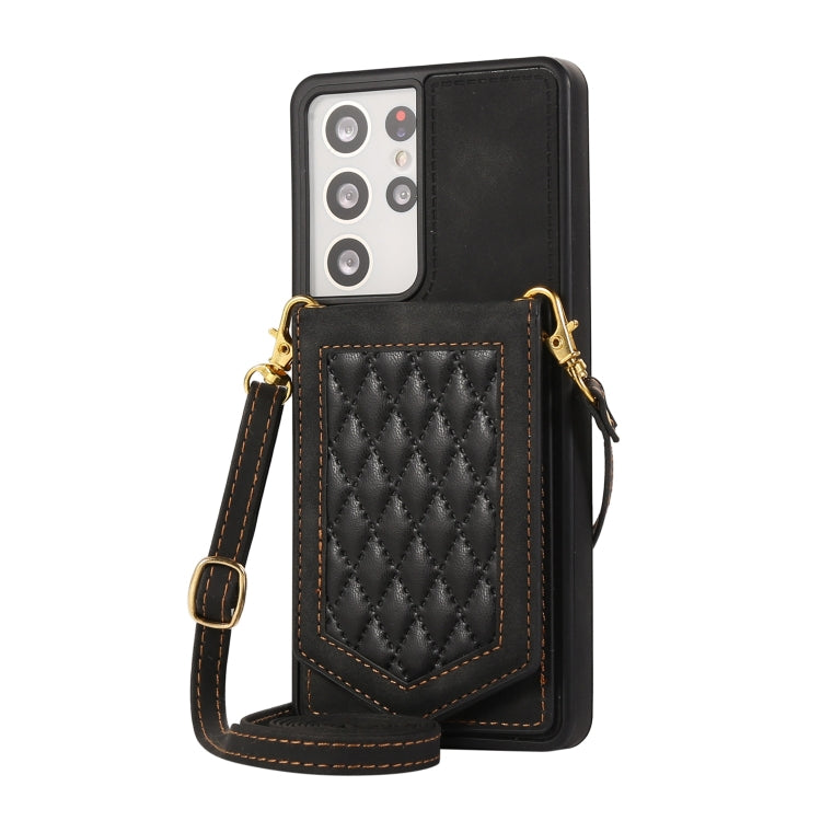 For Samsung Galaxy S21 Ultra 5G Rhombic Texture RFID Phone Case with Lanyard & Mirror