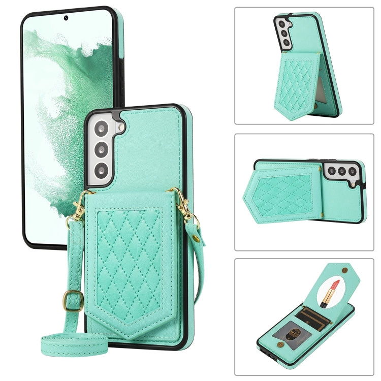 For Samsung Galaxy S22+ 5G Rhombic Texture RFID Phone Case with Lanyard & Mirror