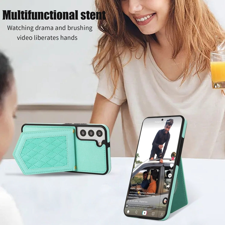 For Samsung Galaxy S22+ 5G Rhombic Texture RFID Phone Case with Lanyard & Mirror