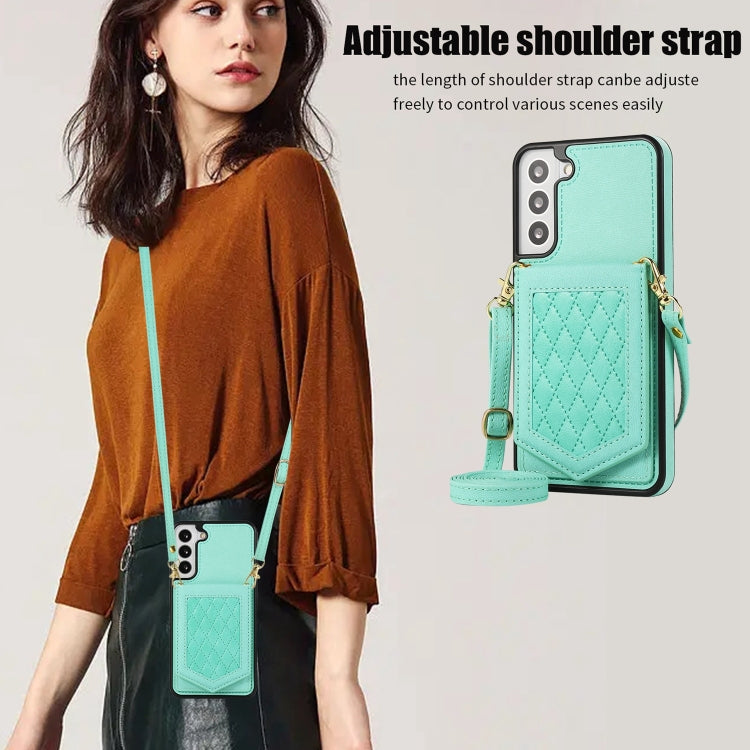 For Samsung Galaxy S22+ 5G Rhombic Texture RFID Phone Case with Lanyard & Mirror