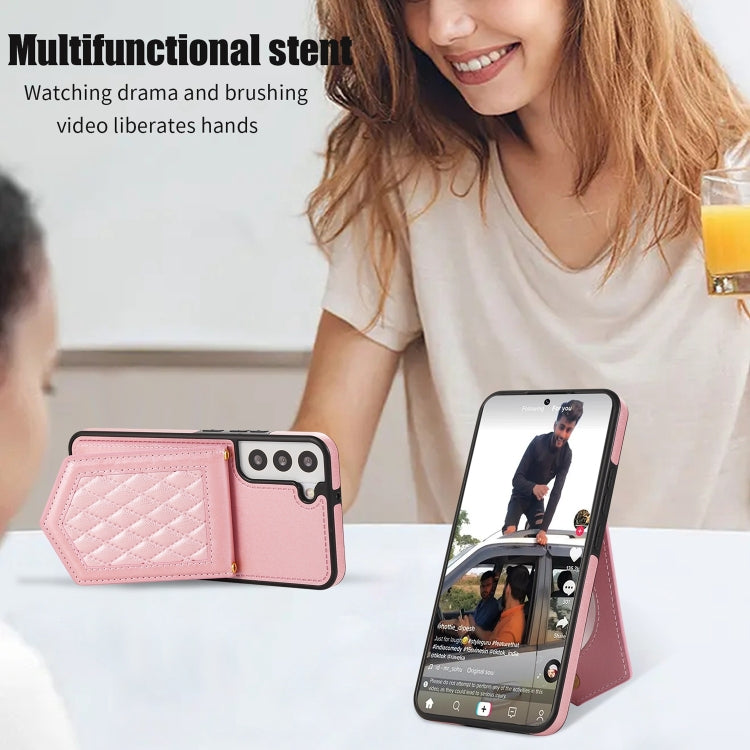 For Samsung Galaxy S22+ 5G Rhombic Texture RFID Phone Case with Lanyard & Mirror